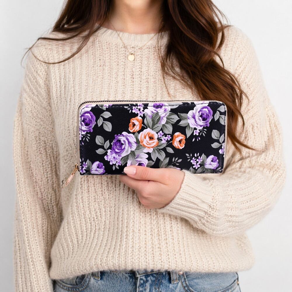 Black Rose Floral Print Zip Wallet Clutch Easy to Hold and Carry 8 x4" - Hey Viv